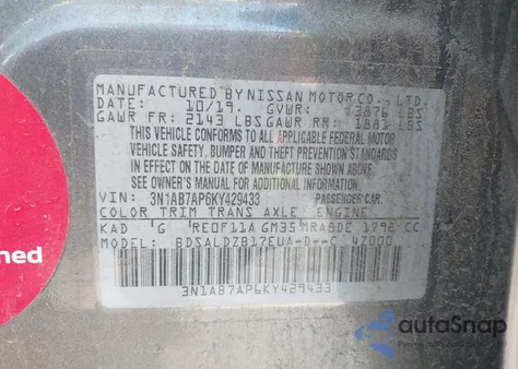 2019 Nissan Sentra Sv z USA, uszkodzony, nr VIN 3N1AB7AP6KY429433